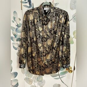 Fancy Metallic Gold and Black floral blouse with silver cuffs, necklace attached